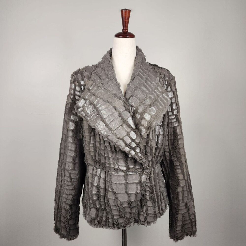 SAO PAOLO | Faux Fur Metallic Crocodile Print Jacket Size 14 Grey Animal Print